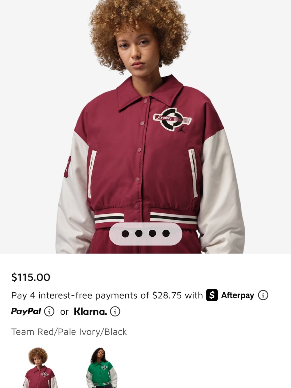 Jordan Women’s Brooklyn Varsity Jacket in red and pale ivory